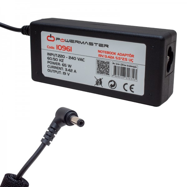POWERMASTER PM-10961 19 VOLT - 3.42 AMPER 5.5*2.5 UÇLU TOSHIBA-ASUS-ACER NOTEBOOK ADAPTÖR