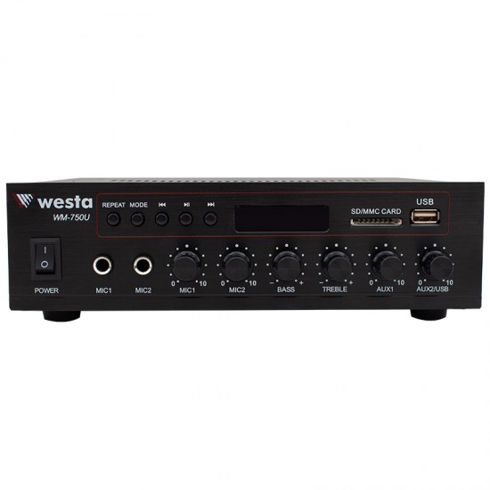 WESTA WM-750U 80W MİNİ 100V/70V/4-16 OHM USB/SD/BLUETOOTH/ UK-2 MİK.GİRİŞ TRAFOLU ANFİ