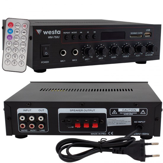 WESTA WM-750U 80W MİNİ 100V/70V/4-16 OHM USB/SD/BLUETOOTH/ UK-2 MİK.GİRİŞ TRAFOLU ANFİ