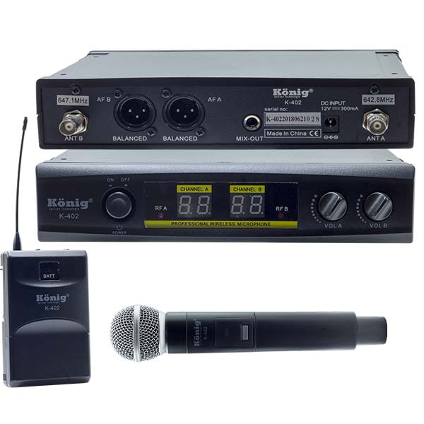 KÖNİG K-402 UHF/SABİT- ÇİFT KANAL 1 EL + 1 YAKA TELSİZ MİKROFON KÖNİG K-402 UHF/SABİT- ÇİFT KANAL 1 EL + 1 YAKA TELSİZ MİKROFON