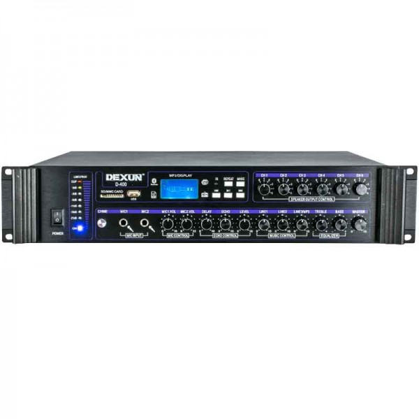 DEXUN D-400 500 W 100V/70V/4-16 OHM USB/SD/BT 6 BÖLGELİ 3 MİK 3 AUX GİRİŞLİ TRAFOLU MIXER ANFİ DEXUN D-400 500 W 100V/70V/4-16 OHM USB/SD/BT 6 BÖLGELİ 3 MİK 3 AUX GİRİŞLİ TRAFOLU MIXER ANFİ