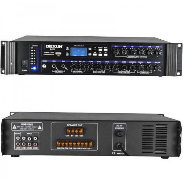 DEXUN D-500 350-700 W 100V/70V/4-16 OHM USB/SD/BT 6 BÖLGELİ 3 MİK 3 AUX GİRİŞLİ TRAFOLU MIXER ANFİ DEXUN D-500 350-700 W 100V/70V/4-16 OHM USB/SD/BT 6 BÖLGELİ 3 MİK 3 AUX GİRİŞLİ TRAFOLU MIXER ANFİ