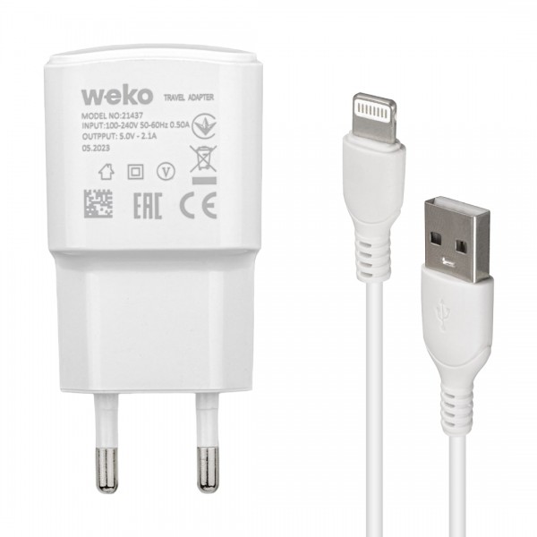 WEKO WK-21437 IP 2.1 AMPER ŞARJ BAŞLIK ADAPTÖRÜ + LIGHTNING KABLO (NO:3) WEKO WK-21437 IP 2.1 AMPER ŞARJ BAŞLIK ADAPTÖRÜ + LIGHTNING KABLO (NO:3)