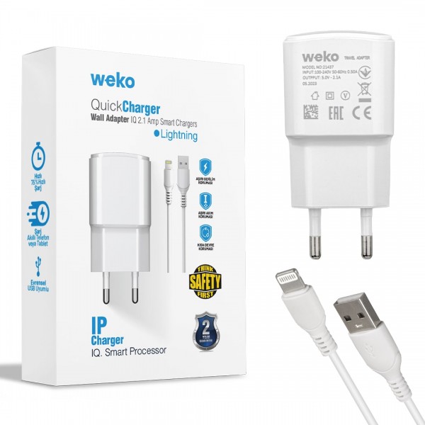 WEKO WK-21437 IP 2.1 AMPER ŞARJ BAŞLIK ADAPTÖRÜ + LIGHTNING KABLO (NO:3) WEKO WK-21437 IP 2.1 AMPER ŞARJ BAŞLIK ADAPTÖRÜ + LIGHTNING KABLO (NO:3)