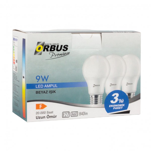 ORBUS ORB/L9W 3LÜ PAKET 9 WATT BEYAZ LED AMPUL