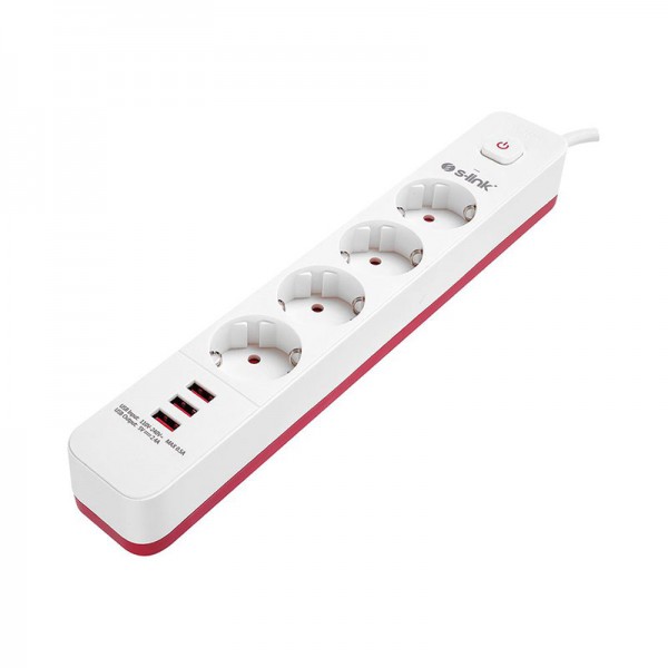 S-LINK SPG403U 4LÜ 1.5 METRE KABLOLU 750 JOULE 3X5 VOLT - 2.4 AMPER USBLİ ANAHTARLI AKIM KORUMALI PRİZ