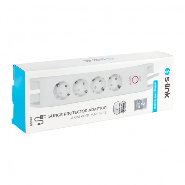 S-LINK SPG3041 4LÜ 2 METRE KABLOLU 900 JOULE 2X2.4 AMPER USBLİ BEYAZ AKIM KORUMALI PRİZ