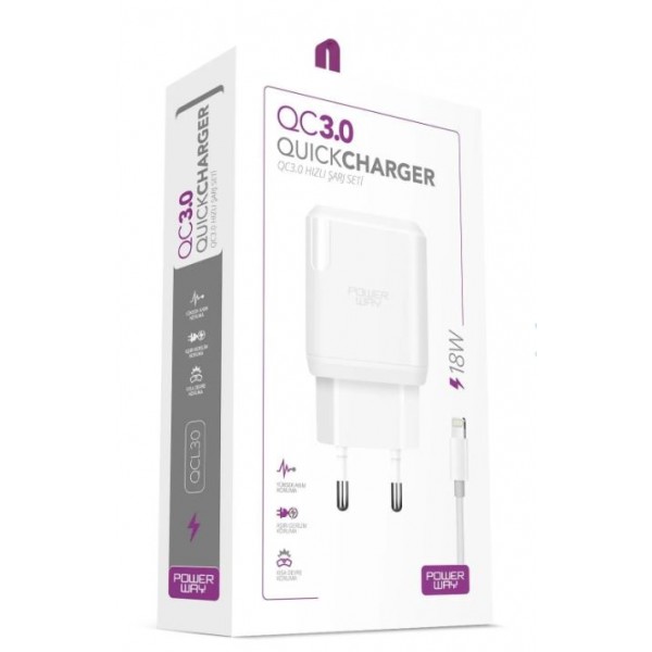 POWERWAY QCL30 HIZLI 3000 MA 18W LIGHTNING ŞARJ KAFA BAŞLIK ADAPTÖRÜ POWERWAY QCL30 HIZLI 3000 MA 18W LIGHTNING ŞARJ KAFA BAŞLIK ADAPTÖRÜ