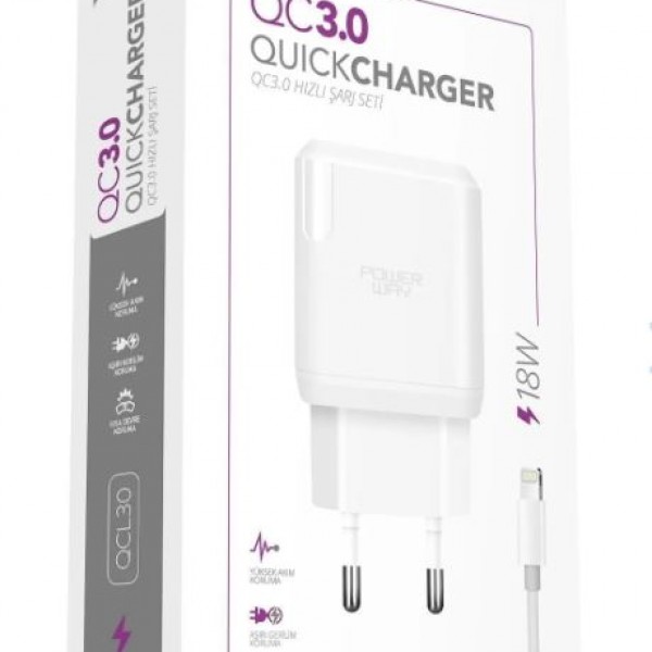 POWERWAY QCL30 HIZLI 3000 MA 18W LIGHTNING ŞARJ KAFA BAŞLIK ADAPTÖRÜ