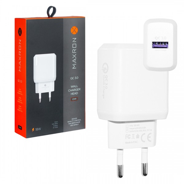 MAXRON CH11 BEYAZ 5 VOLT 3 AMPER 18W QC 3.0 USB HIZLI ŞARJ KAFA BAŞLIK ADAPTÖRÜ MAXRON CH11 BEYAZ 5 VOLT 3 AMPER 18W QC 3.0 USB HIZLI ŞARJ KAFA BAŞLIK ADAPTÖRÜ