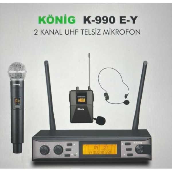 KÖNİG K-990 UHF 2X100 KANAL 1 EL + 1 YAKA KABLOSUZ TELSİZ MİKROFON