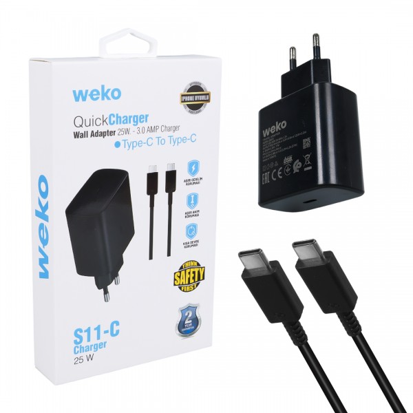 WEKO WK-26523 S11-C 25 WATT SİYAH ŞARJ BAŞLIK ADAPTÖRÜ + TYPE-C TO TYPE-C KABLO WEKO WK-26523 S11-C 25 WATT SİYAH ŞARJ BAŞLIK ADAPTÖRÜ + TYPE-C TO TYPE-C KABLO
