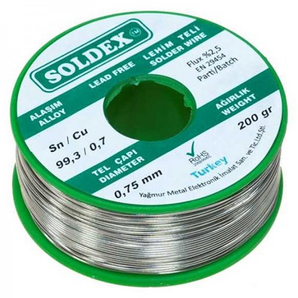 SOLDEX KURŞUNSUZ 0.75MM 200 GRAM LEHİM TELİ SN99.3/CU 0.7 SOLDEX KURŞUNSUZ 0.75MM 200 GRAM LEHİM TELİ SN99.3/CU 0.7