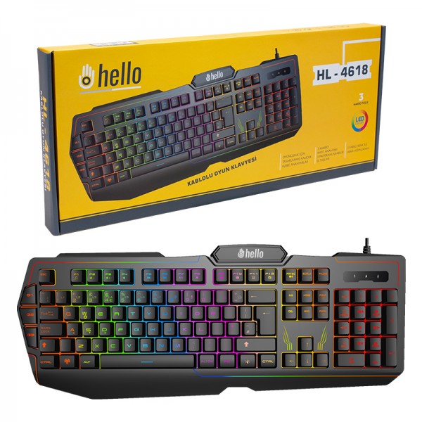 HELLO HL-4618 3 MAKRO TUŞLU 3 RENK IŞIKLI KABLOLU GAMING OYUNCU KLAVYE HELLO HL-4618 3 MAKRO TUŞLU 3 RENK IŞIKLI KABLOLU GAMING OYUNCU KLAVYE