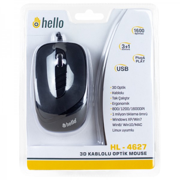 HELLO HL-4627 USB 1600 DPI 3D KABLOLU OPTİK MOUSE HELLO HL-4627 USB 1600 DPI 3D KABLOLU OPTİK MOUSE