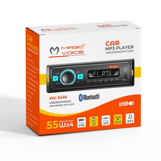 MAGICVOICE MV-5416 ÇİFT USB/SD/FM/AUX/BLUETOOTH KUMANDALI MEKANİKSİZ OTO TEYP 4X55 WATT