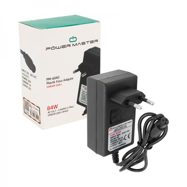 POWERMASTER PM-6043 42 VOLT - 2 AMPER - 84 WATT 3 PİNLİ PRİZ TİPİ GİNGER ŞARJ CİHAZ ADAPTÖRÜ POWERMASTER PM-6043 42 VOLT - 2 AMPER - 84 WATT 3 PİNLİ PRİZ TİPİ GİNGER ŞARJ CİHAZ ADAPTÖRÜ