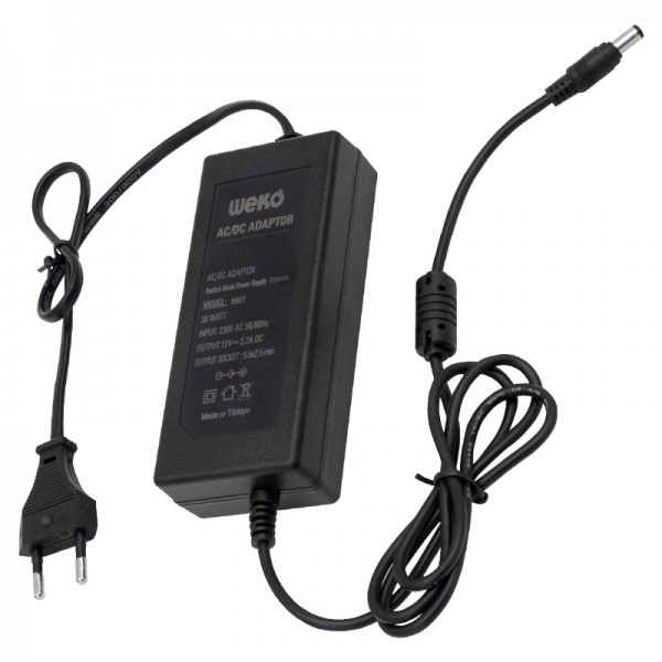 WEKO 12 VOLT - 3.2 AMPER - 38 WATT 5.5*2.5 UÇLU YERLİ ÜRETİM PLASTİK KASA MASAÜSTÜ ADAPTÖR WEKO 12 VOLT - 3.2 AMPER - 38 WATT 5.5*2.5 UÇLU YERLİ ÜRETİM PLASTİK KASA MASAÜSTÜ ADAPTÖR