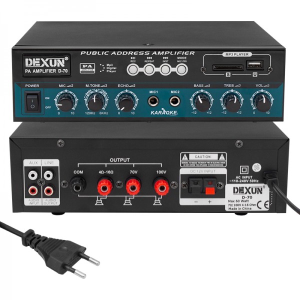 DEXUN D-70 50 WATT 100V-70V 4-16 OHM USB-SD-AUX-BLUETOOTH DESTEKLİ HAT TRAFOLU ANFİ DEXUN D-70 50 WATT 100V-70V 4-16 OHM USB-SD-AUX-BLUETOOTH DESTEKLİ HAT TRAFOLU ANFİ