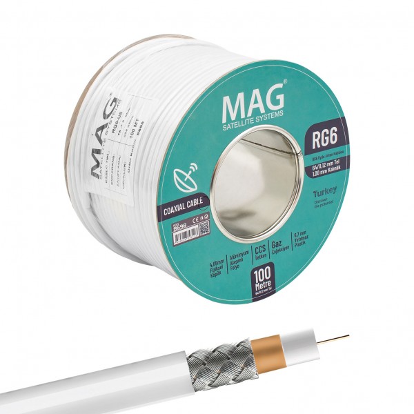 MAG RG6/U6 1.00 MM 64*0.12 TEL CCS MAKARALI YERLİ ÜRETİM ANTEN KABLOSU  (100 METRE)