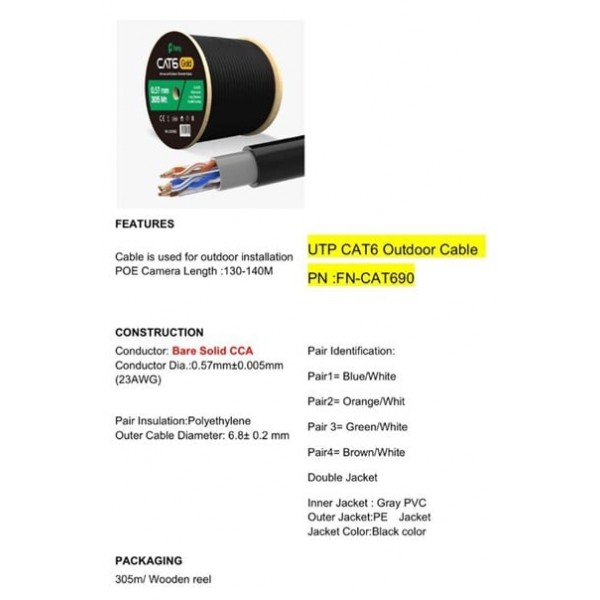 Feny FN-CAT690 305 Metre 23 AWG 0.57mm Dış Mekan Cat6 UTP Kablo