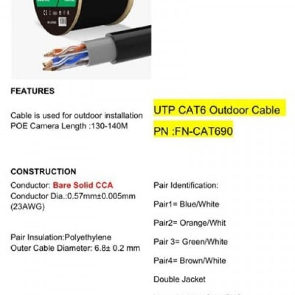Feny FN-CAT690 305 Metre 23 AWG 0.57mm Dış Mekan Cat6 UTP Kablo