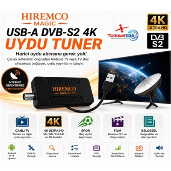 Hıremco Magıc USB-A DVBS-S2 4K Androıd Uydu Tuner