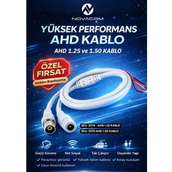 Novacom 3575 AHD 1.50 Bnc - Dc Soketli AHD Kamera Bağlantı Kablosu (ZH-3Y / PH-2Y Soket)