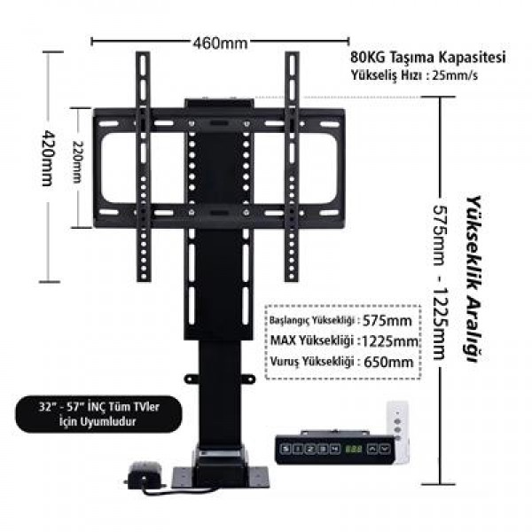 PowerMaster PM-24928 32'' - 57'' İnç Ayarlanabilir Yükseklik Uzaktan Kumandalı TV Kaldırma Lift Asansörü PowerMaster PM-24928 32'' - 57'' İnç Ayarlanabilir Yükseklik Uzaktan Kumandalı TV Kaldırma Lift Asansörü