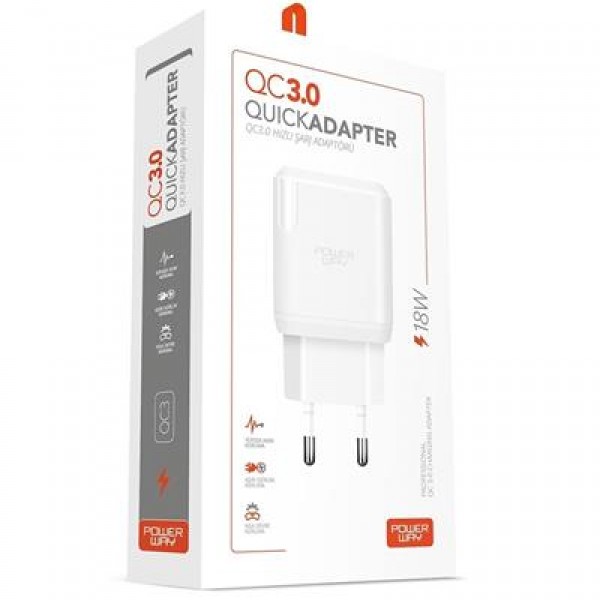 Powerway QC3 3 Amper 18W Tüm Telefonlarla Uyumlu USB Hızlı Şarj Adaptörü