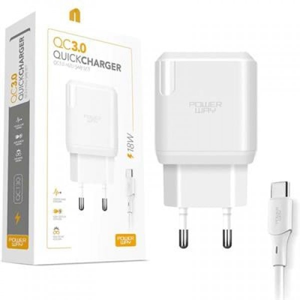 Powerway QCT30 18 Watt 3 Amper Type-C Kablolu Hızlı Şarj Aleti Seti