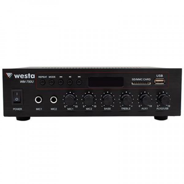Westa WM-750U 80 Watt 100V-70V Mini 4-16 Ohm USB-SD-Bluetooth 2 Mikrofon Girişli Trafolu Anfi
