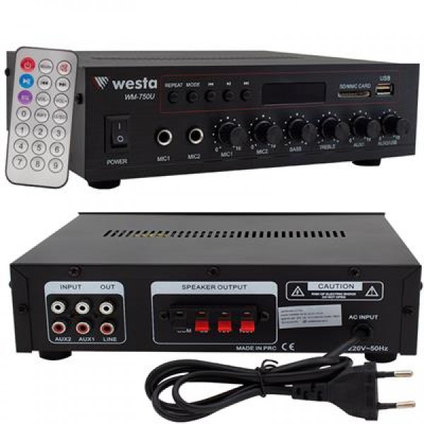 Westa WM-750U 80 Watt 100V-70V Mini 4-16 Ohm USB-SD-Bluetooth 2 Mikrofon Girişli Trafolu Anfi