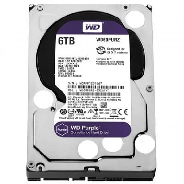 Western Digital WD60PURZ 6 TB Sata6 64Mb 7-24 Purple Harddisk