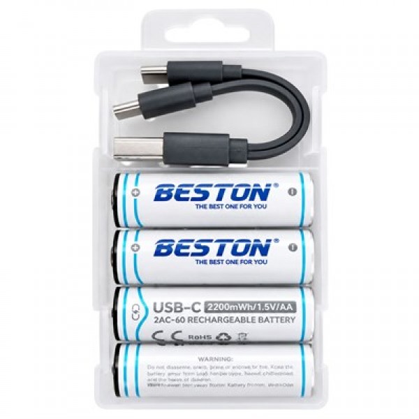 Beston 2AC-60 AA 1.5V 2200mWh Type-C Şarj Edilebilir 4'lü Li-Ion Lityum Kalem Pil Seti Beston 2AC-60 AA 1.5V 2200mWh Type-C Şarj Edilebilir 4'lü Li-Ion Lityum Kalem Pil Seti