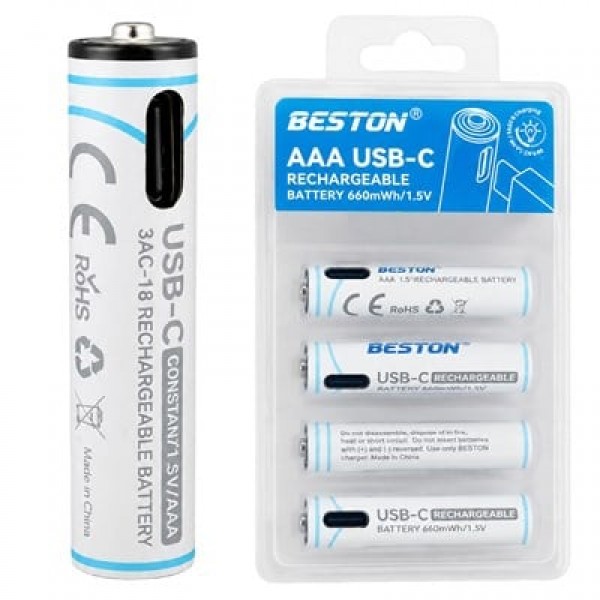 Beston 3AC-18 AAA 1.5V 660mWh Type-C Şarj Edilebilir 4'lü Li-Ion Lityum İnce Pil Seti Beston 3AC-18 AAA 1.5V 660mWh Type-C Şarj Edilebilir 4'lü Li-Ion Lityum İnce Pil Seti