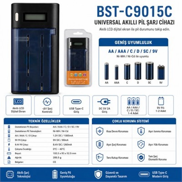 Beston BST-C9015C (AA-AAA-C-D-9V-SC) Universal Tüm Boylar Dijital Ekranlı Pil Şarj Cihazı Beston BST-C9015C (AA-AAA-C-D-9V-SC) Universal Tüm Boylar Dijital Ekranlı Pil Şarj Cihazı