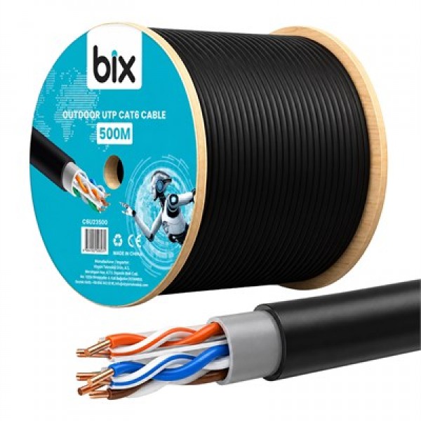 Bix C6U23500O Siyah 23 AWG 0.57mm 500 Metre Dış Mekan CAT6 Kablo Bix C6U23500O Siyah 23 AWG 0.57mm 500 Metre Dış Mekan CAT6 Kablo