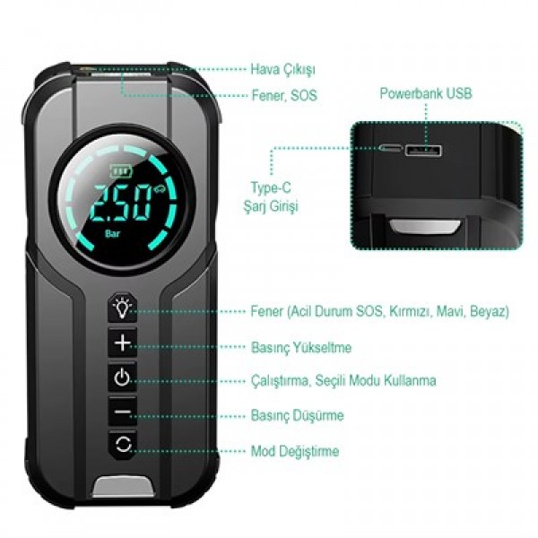 Buwei 1920 Powerbank Akü Şarj Lastik Hava Kompresörü Şişirici
