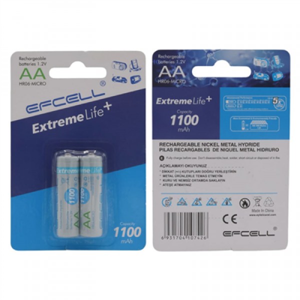 Efcell Extreme Life+ 1.2V 1100mAh Şarj Edilebilir AA Kalem Pil (2'li Paket)