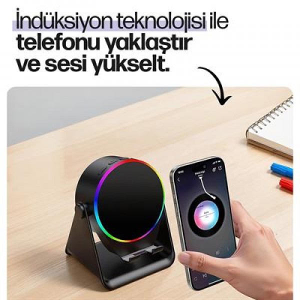 Enkado EKD-S10 5W İndüksiyonlu Bluetooth Hoparlör Ses Yükselten 2000mAh RGB Işıklı Standlı Speaker Enkado EKD-S10 5W İndüksiyonlu Bluetooth Hoparlör Ses Yükselten 2000mAh RGB Işıklı Standlı Speaker