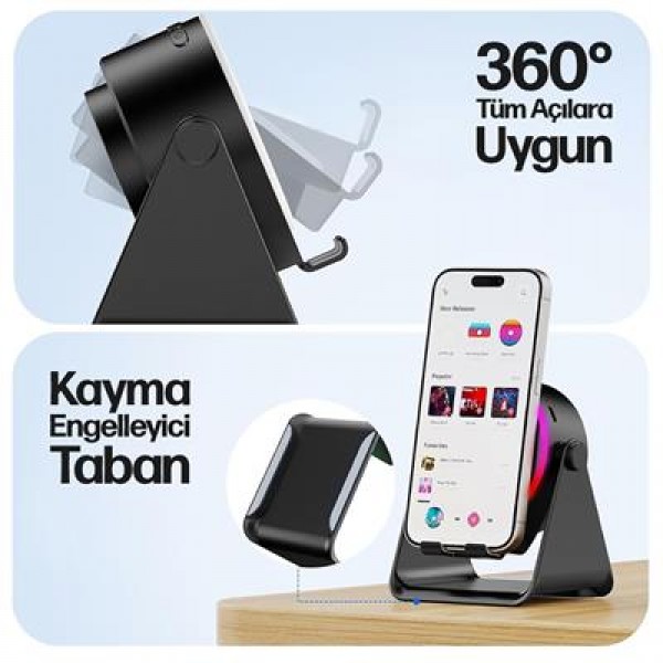 Enkado EKD-S11 5W İndüksiyonlu Bluetooth Hoparlör Ses Yükselten 2000mAh RGB Işıklı Standlı Speaker