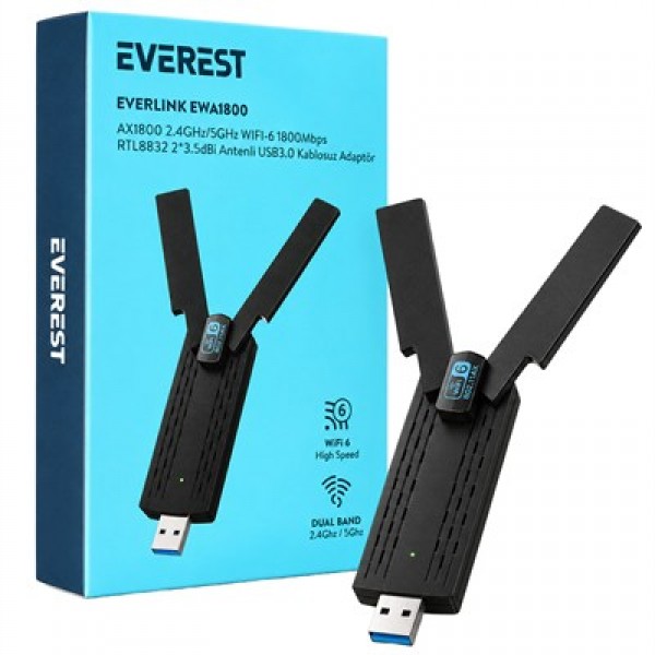 Everest Everlink EWA1800 1800Mbps 5.0 GHz Wi-Fi 6 AX1800 USB 3.0 Kablosuz Adaptör
