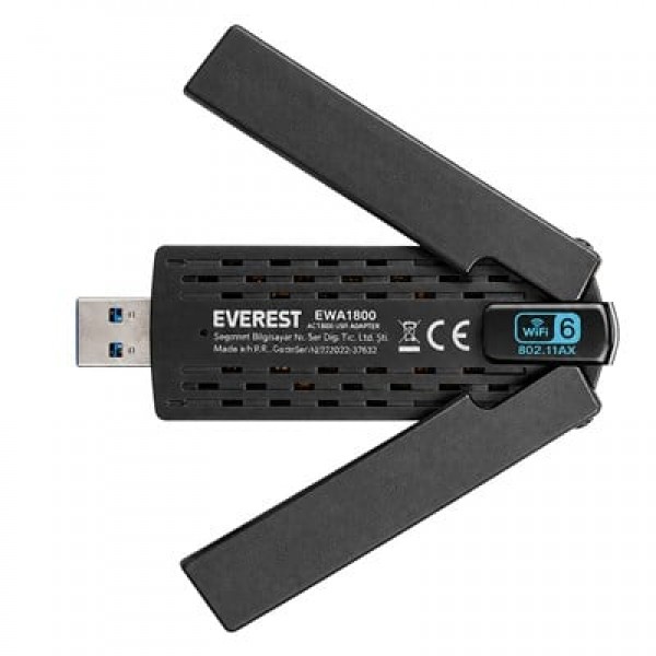 Everest Everlink EWA1800 1800Mbps 5.0 GHz Wi-Fi 6 AX1800 USB 3.0 Kablosuz Adaptör Everest Everlink EWA1800 1800Mbps 5.0 GHz Wi-Fi 6 AX1800 USB 3.0 Kablosuz Adaptör