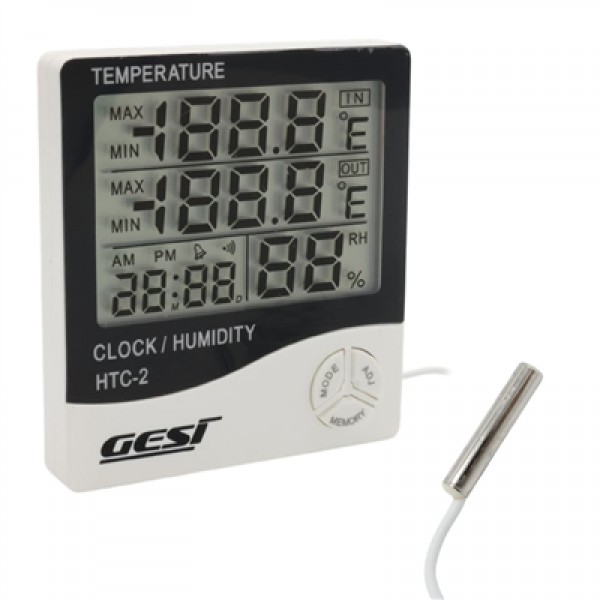 Gesi HTC-2 Dijital Ekranlı Isı ve Nem Ölçer Saat Alarm Dış Mekan Problu Termometre