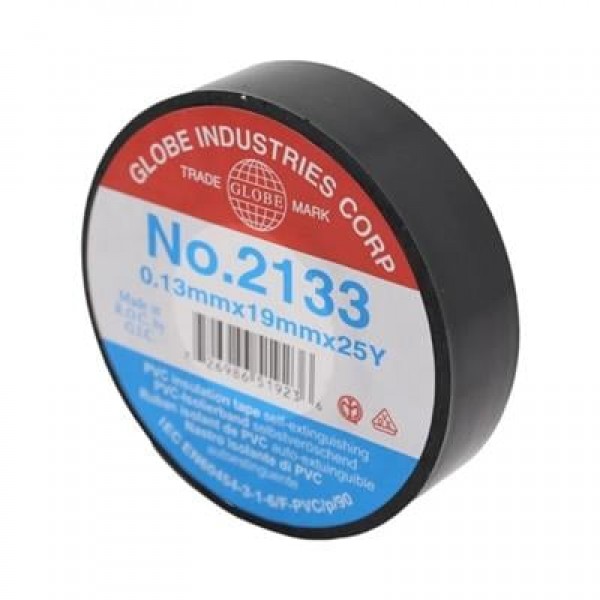 Globe NO2133 19mm 25Yrd Vinil Alev Yürütmeyen İzole Bant 23 Metre Siyah Tekli