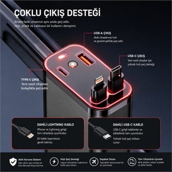 Hello HL-29871 Araç Çakmaklık Şarj Cihazı Dahili Çekilebilir Type-C Lightning Çift Kablo Ambiyans Işıklı Hello HL-29871 Araç Çakmaklık Şarj Cihazı Dahili Çekilebilir Type-C Lightning Çift Kablo Ambiyans Işıklı