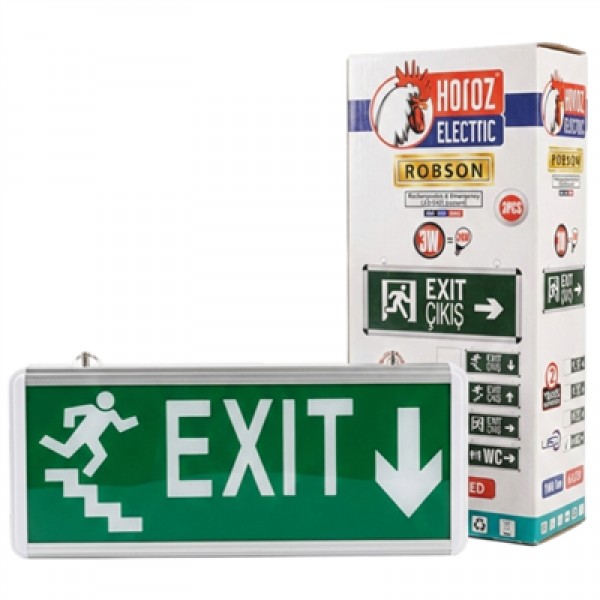 Horoz Robson 3W 160 Lümen Şarjlı Acil Merdiven Aşağı Çıkış Exit Levhası (2'li Paket) Horoz Robson 3W 160 Lümen Şarjlı Acil Merdiven Aşağı Çıkış Exit Levhası (2'li Paket)