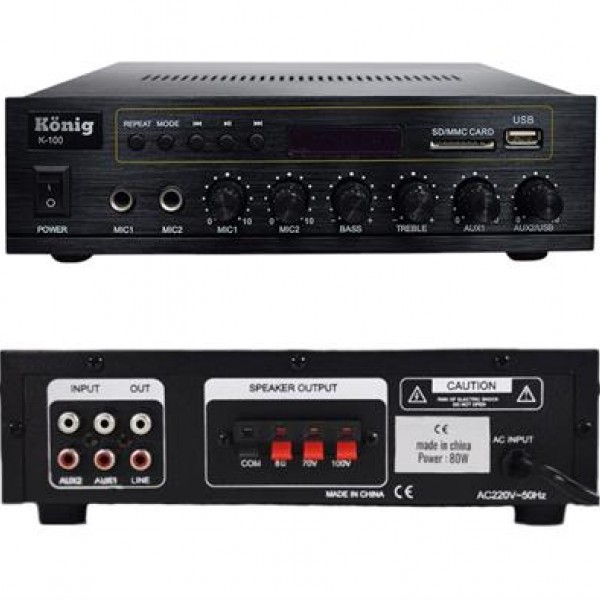 König K-100 USB-SD-Bluetooth Destekli 2 Mik. Giriş 8 Ohm 100/70v 80 Watt Trafolu Anfi