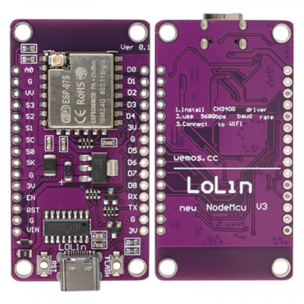ESP-07S Tabanlı NodeMCU V3 Mor Geliştirme Kartı Harici Anten Girişli ve USB-C Bağlantılı